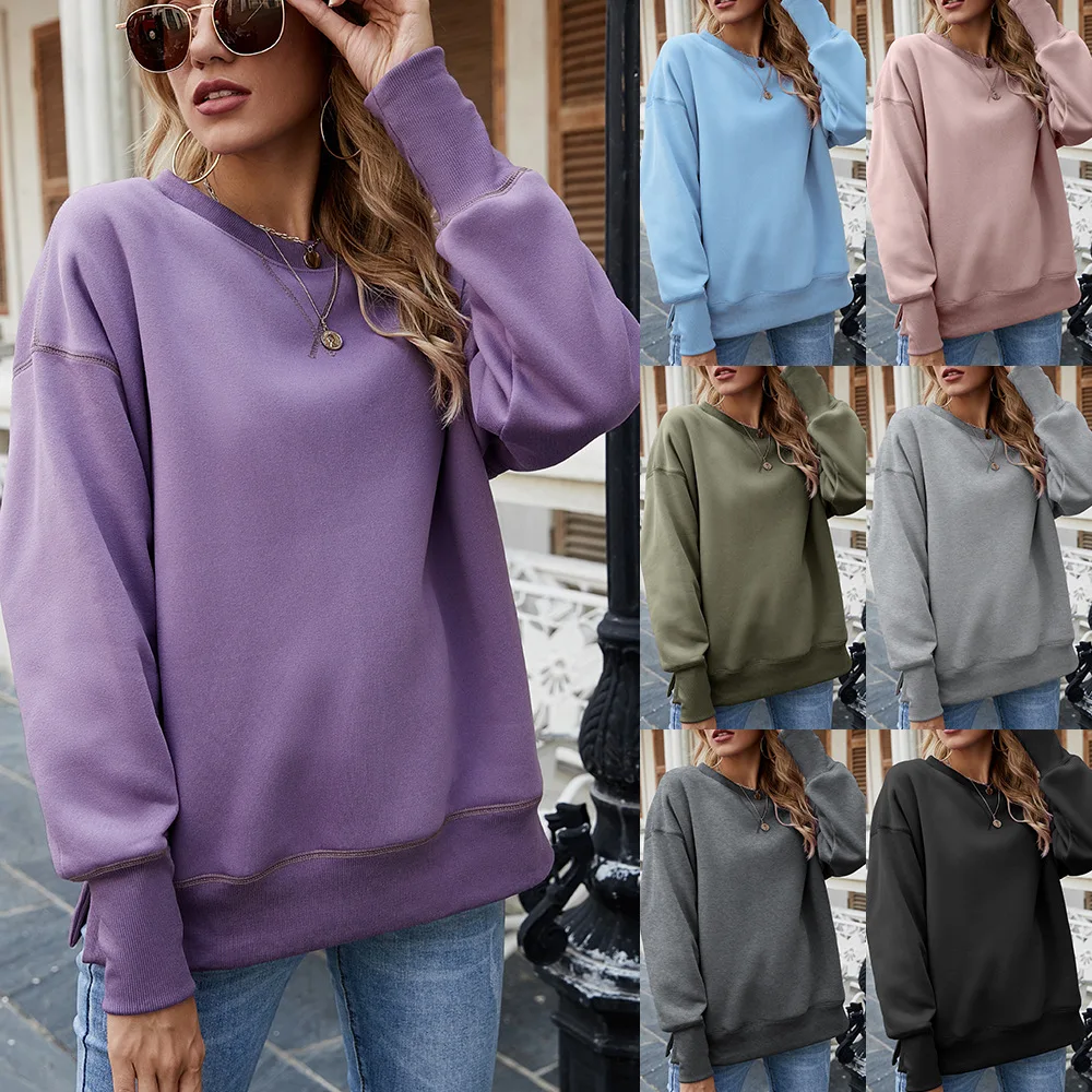 

2020 Winter New Women's Sweatshirt Split Fleece Round Neck Pullover Velvet Padded Solid Color Streetwear Women Clothing