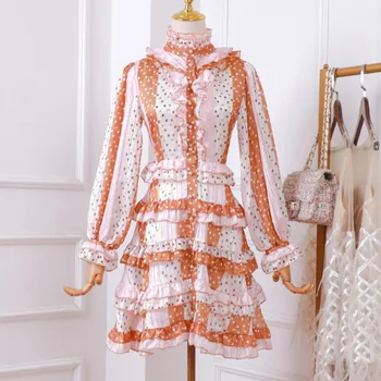 

High Quality New 2021 Spring Fall Mini Boho Dress Women Polka Dot Print Ruffle Flowers Patchwork Long Sleeve Party Dresses Robe