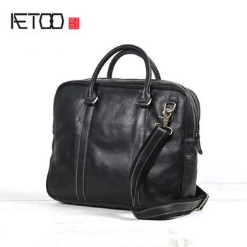 

AETOO 2018 new original handmade genuine leather briefcase men casual male black leather soft cross section laptop handbag