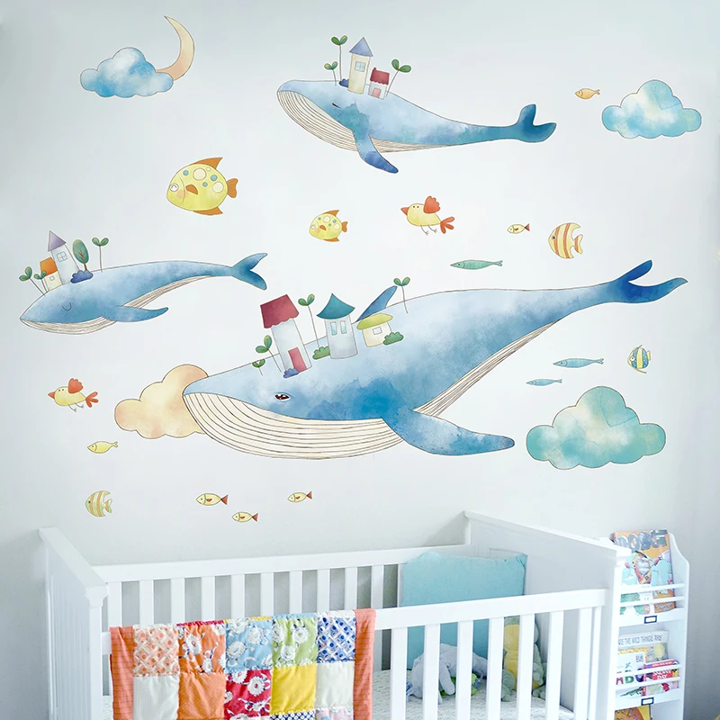 

[SHIJUEHEZI] Flying Whales Wall Stickers DIY Fish Clouds Wall Decals for Kids Rooms Living Room Decoration
