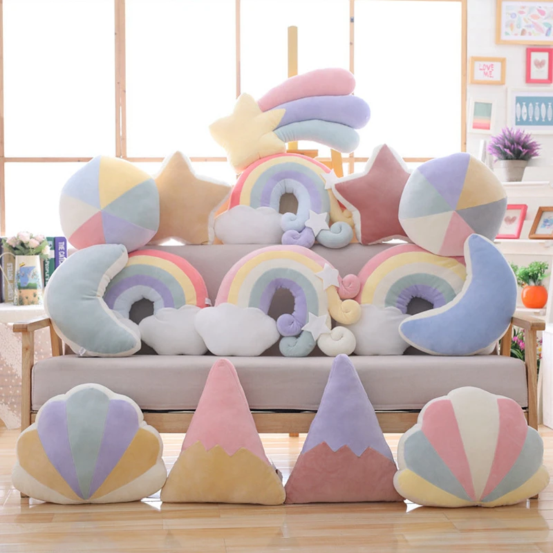 New Cute Sky Series Plush Toys Baby Sleeping Pillow Stuffed Moon Soft Shooting Star Rainbow Shell Cushion Room Decoration Gifts