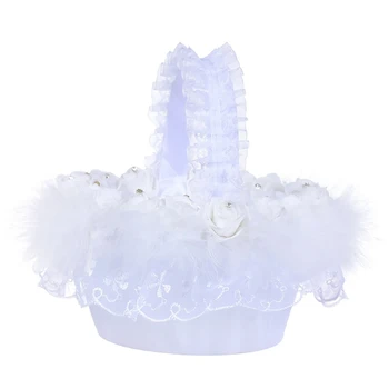 

1 pc Silk Rose And Rhinestones Decorative White Flower Girl Basket Petals Bouquets Holder For Wedding Ceremony Party Decoration