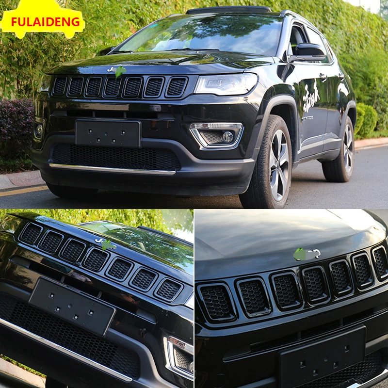 7 шт. для Jeep Compass- красный и черный ABS Хром Передняя решетка решетки сетки комплект вставок отделка автомобиля Стайлинг Аксессуары