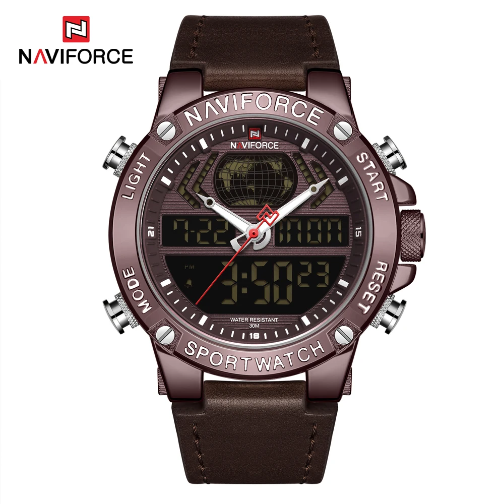 Люксовый бренд, NAVIFORCE мужские часы, мужские кожаные спортивные Кварцевые светодиодный цифровые часы, водонепроницаемые военные наручные часы, мужские часы