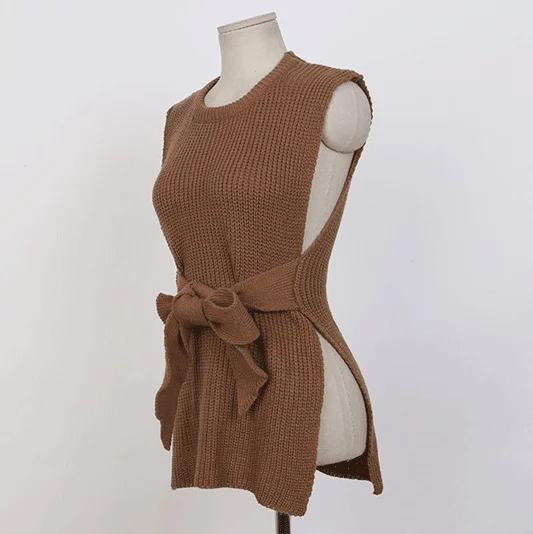 Dingaozlz Autumn Winter Women Vest sweater Korean fashion Pullovers Tops Bow tie Casual Sleeveless Female Knitted shirt