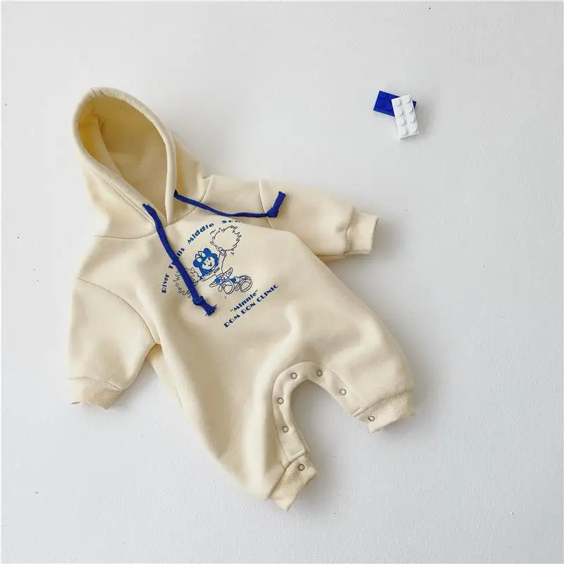 Baby Rompers Winter Warm Fleece Clothing Set For Boys Cartoon Hooded Infant Girls Clothes Newborn Overalls Baby Jumpsuit - Цвет: apricot