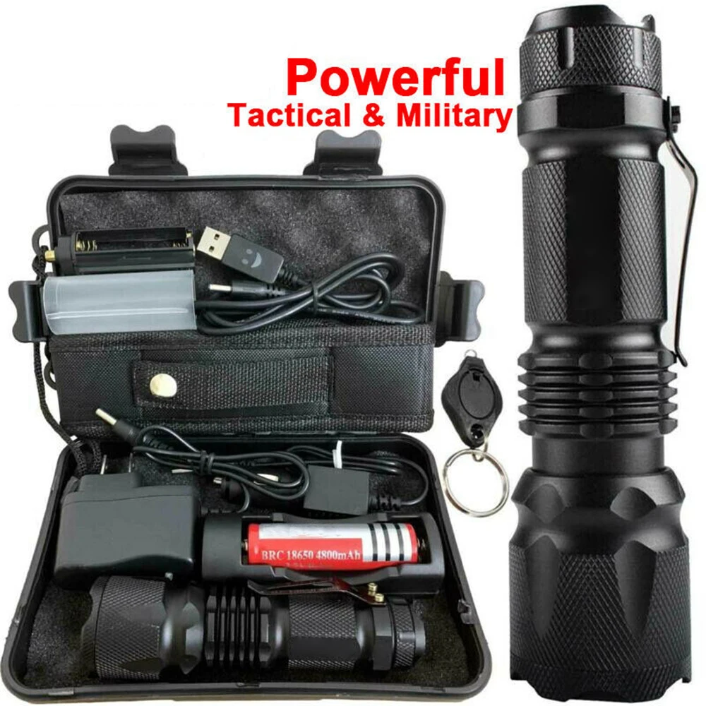 Black T6 Tactical Military LED Flashlight Torch Lamp Zoomable 2-4H Mo 
