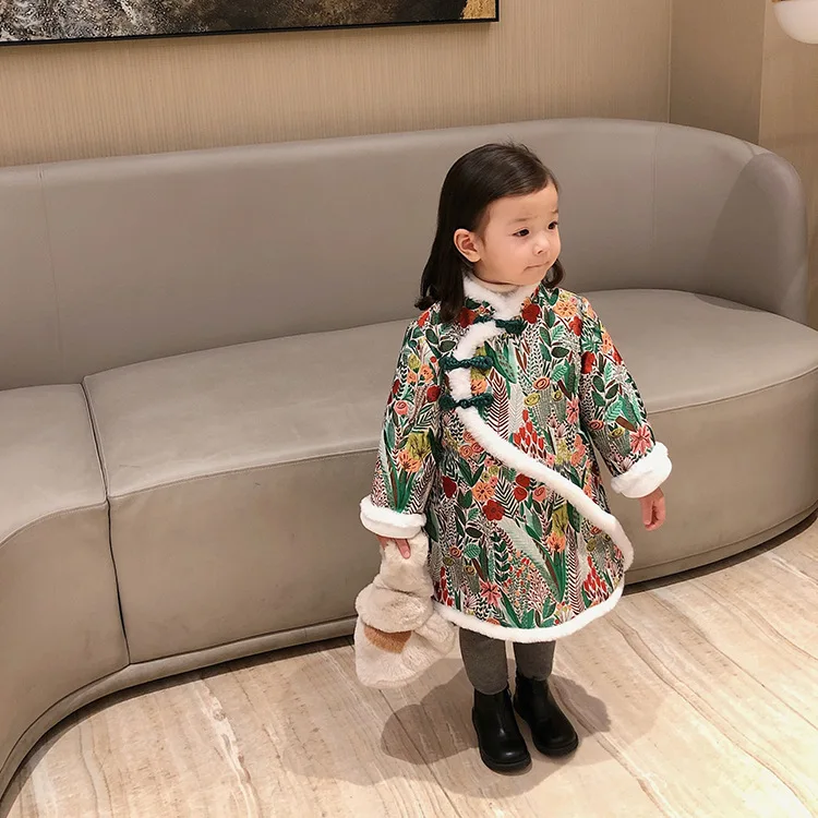 Китайский стиль стиль Мода Цветочный теплый cheongsam Зима мягкий флис утолщаются стеганые ручная Пряжка Платье
