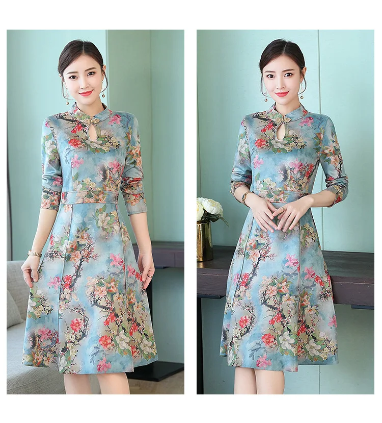 Оленья кожа бархат cheongsam платье осенняя одежда стиль женщин среднего возраста платье элегантный этнический стиль с длинным рукавом Mid-leng