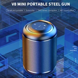 Mini haut parleur HiFi Bluetooth 3D, haut parleur stéréo 3D, haut parleur AUX USB sans fil, petit canon en acier, haut parleurs TWS portables MC V8 