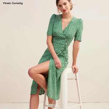 

2020 Stars Print Summer Knee Length Dress Women Corss Criss Button V Neck Furcal Dresses Retro Chic Summer Clothes For Women
