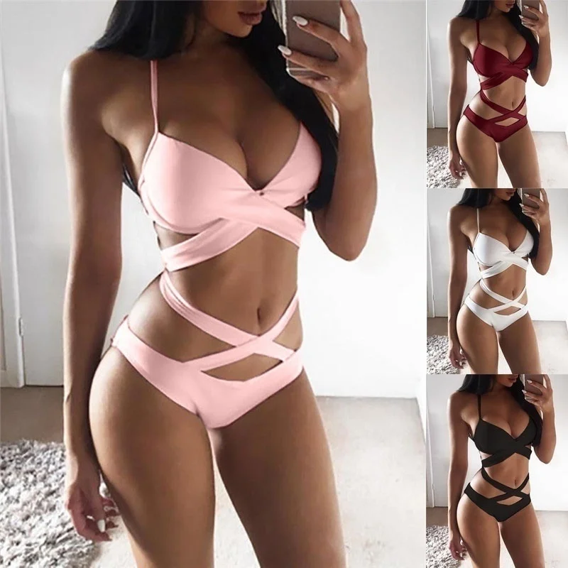 

Cut-out Halter Bathing Suits Two-piece Push Up Tankini Swimsuit Bandage Swimwear Bikini