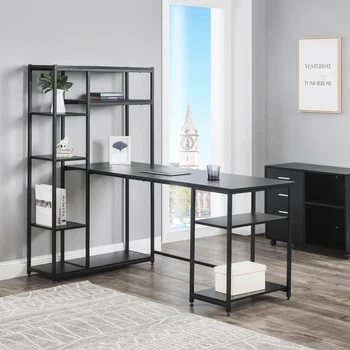 

Office Computer Desk with Multiple Storage Shelves, Modern Large Home Living Room Desk with Bookshelf and Storage Space