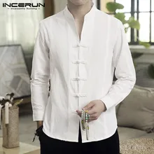INCERUN Мужская Повседневная рубашка однотонная Ретро Кнопка Блузка со стоячим воротником Хлопок Лен с длинным рукавом китайские традиционные рубашки для мужчин Уличная