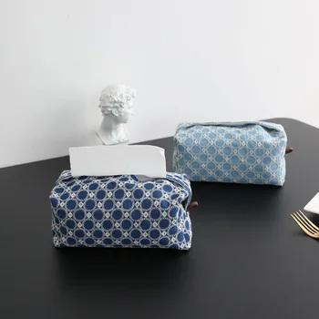 

Nordic Style Cotton Denim Embroidered Tissue Box Fabric Paper Napkin Holder Box Home Car Towel Tissue Bag Napkin Dispenser Decor