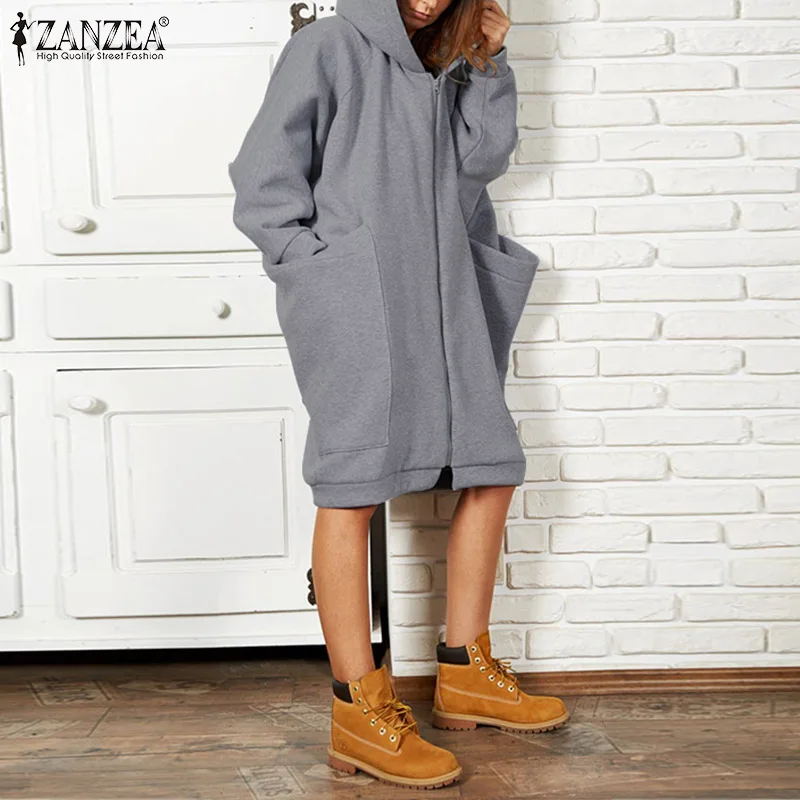 ZANZEA, Женская толстовка, повседневные одноцветные толстовки, Осень-зима, пальто с длинным рукавом, большие карманы, толстовки на молнии, верхняя одежда