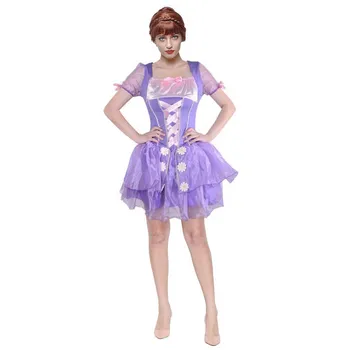 

Adult Tangled Pricess Rapunzel Fancy Dress Deluxe Purple Puff Mesh Sleeve Short Tutu Dress Halloween Costumes For Women