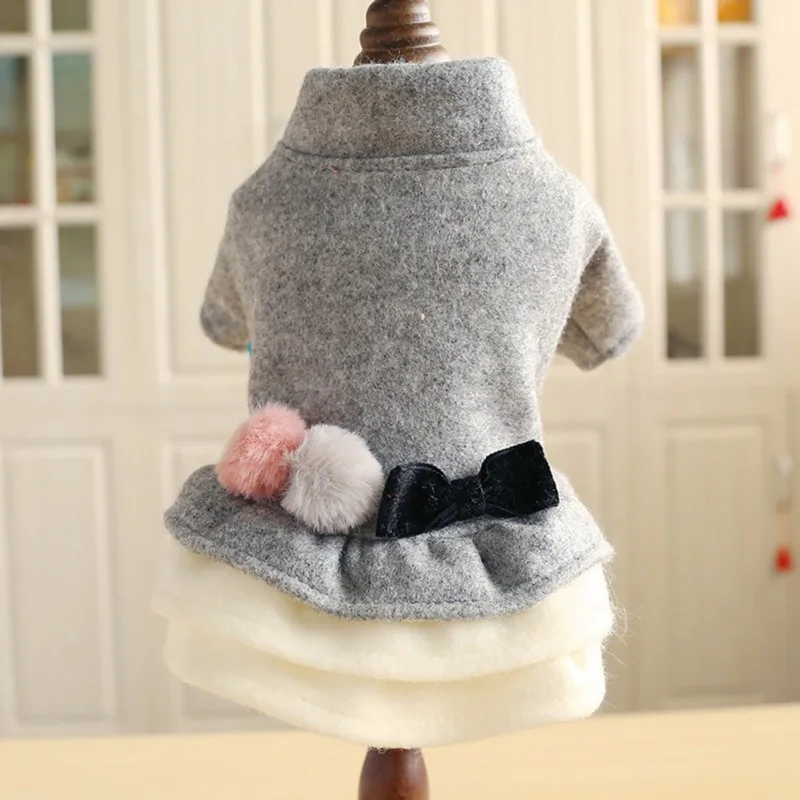 

Dog Lady Bow-knot Dress Princess Skirt With Double Colored Fluffy Balls And Bowknot Small Dog Winter Thickening Woolen Clothes