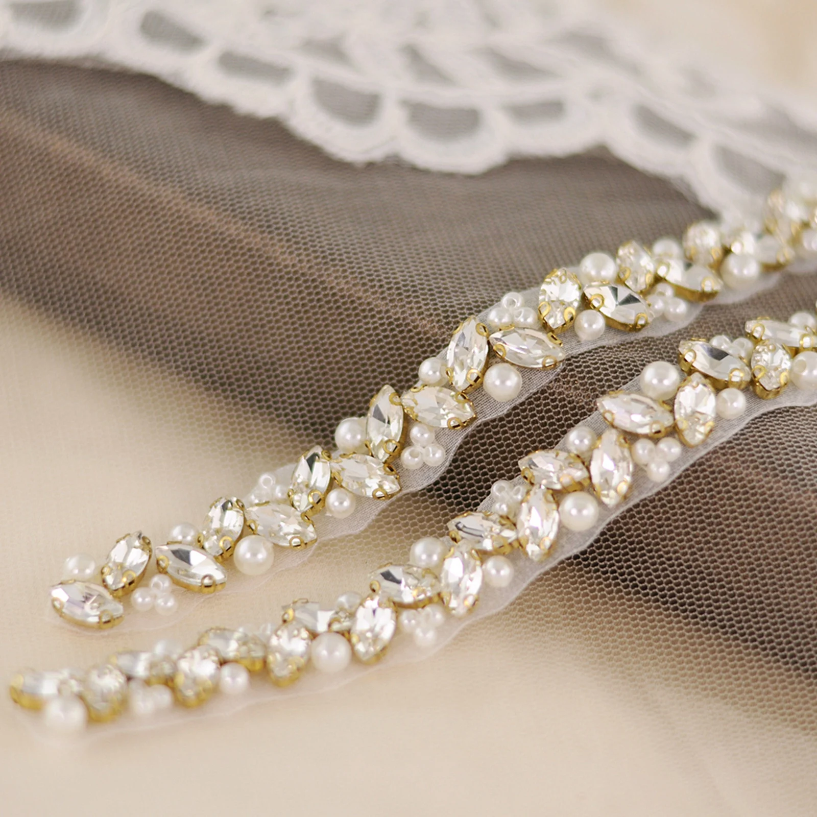 Bridal Wedding Dress Sash Belt Applique with Crystals Rhinestones Pearls Beaded 