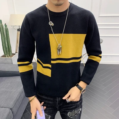 autumn new sweater men's round neck pullover Korean version of the self-cultivation trend men's color knit bottoming shirt - Цвет: Черный
