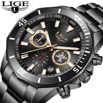

LIGE New Waterproof Men's Watches Top Brand Luxury Watch Men All Steel Big Dial Calendar Sport Wristwatch Male Chronograph+Box