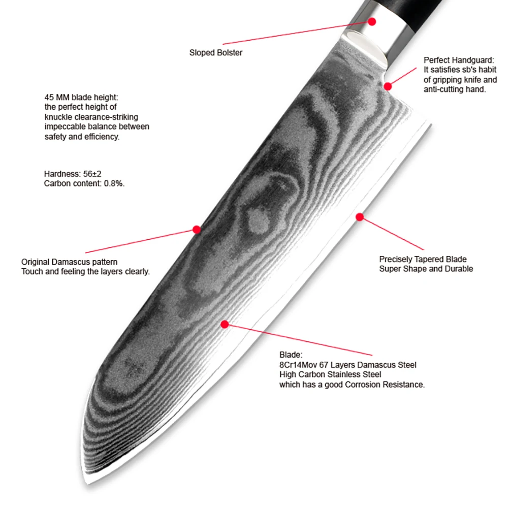 7 дюймов Santoku Ножи, 67-слойная Дамаск Сталь профессиональный шеф-повар Ножи с острое лезвие, эргономичная ручка, инструменты для резки нарезания кожуры