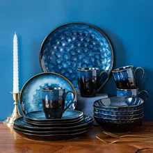 VANCASSO – service de table bleu étoilé 16/32/48 pièces, service de table avec changement au four, glaçure, assiette à dîner, assiette à Dessert, bol, tasse