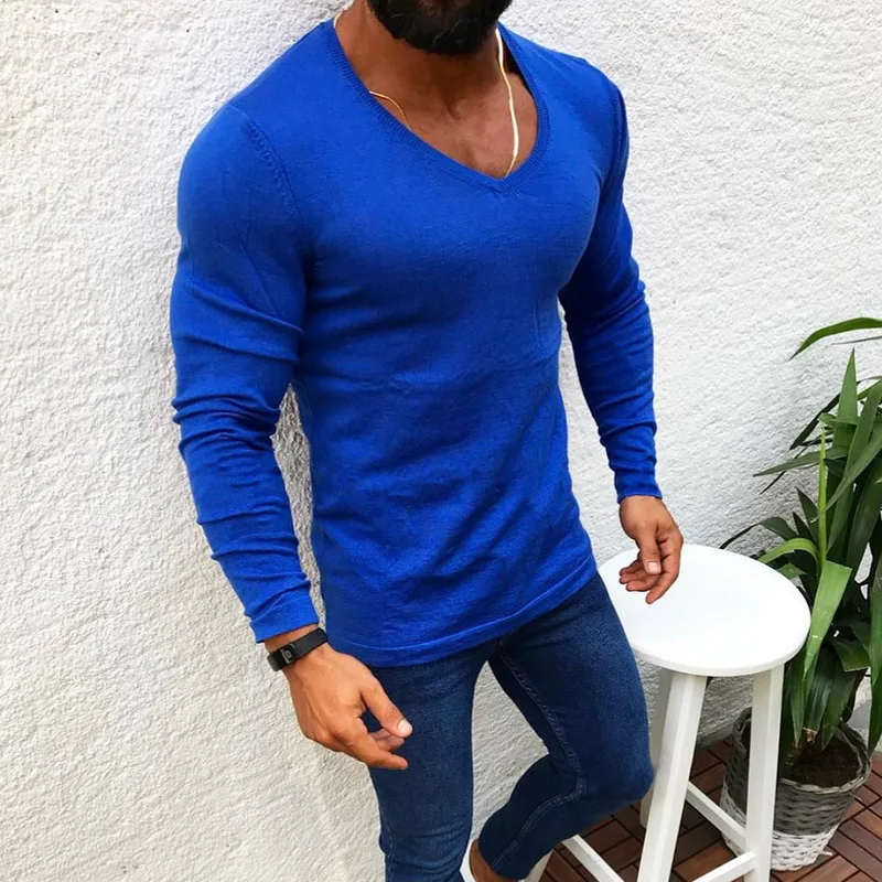 

Men's Fashion V-neck Wool Knitted Pullovers Males Winter Warm Long Sleeve Solid Color Soft Casual Slim Fit Sweaters 2019 New
