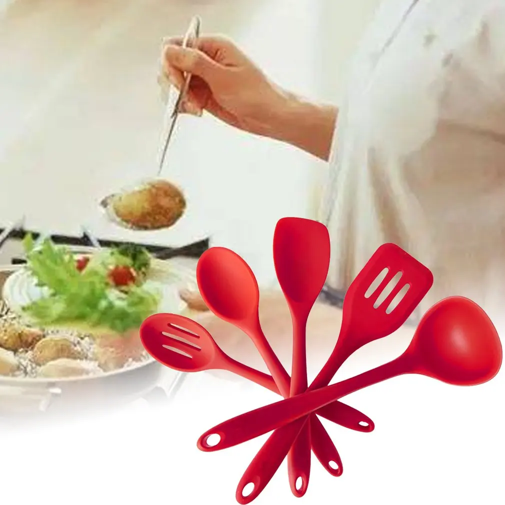 5Pcs Red Fashion Non-Stick Silicone Kitchen Portable Mini Kitchen Set Shovel Scraper Colander Food Clip Egg Beater