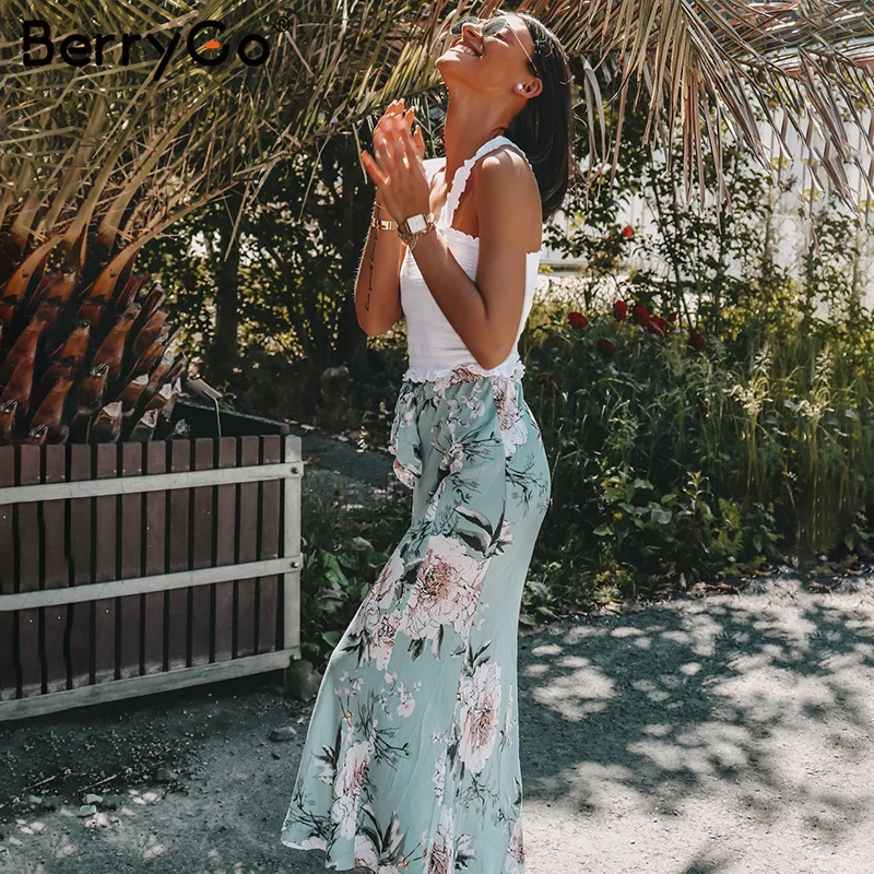 BerryGo Bohemian flower print long skirt women Casual streetwear soft ladies summer skirts Elegant cotton bow tie female skirt