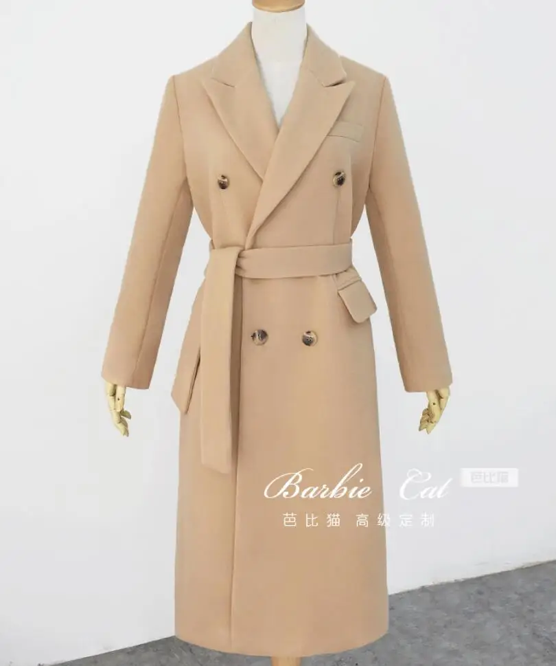 Зимние Модные желтовато-коричневый двубортное шерстяное пальто для женщин Свободные srtaight пальто из шерсти и синтетического волокна