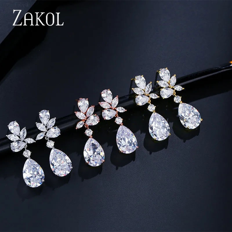 ZAKOL Romantic Bridal Wedding Accessories Jewelry Exquisite Cubic Zircon Dangle Drop Earrings With Rose Gold Color FSEP2196