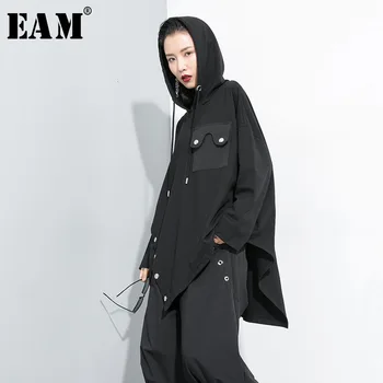 

[EAM] Loose Fit Black Asymmetrical Rivet Sweatshirt New Hooded Long Sleeve Women Big Size Fashion Spring Autumn 2020 1D211