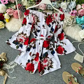 

2020 new Sweet Ruffled Women Playsuits Elastic High Waist Bow Female Jumpsuit Romper Butterfly Sleeve Short Overalls for Girls