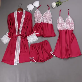 

Burgundy 4PCS Pajamas Suit Kimono Bathrobe Gown Women Bridal Wedding Gift Sexy Sleepwear Home Clothes Satin Nightgown Homewear