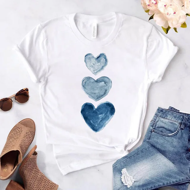 Heart flower print ladies T-shirt ladies casual basis O-collar white shirt short sleeve ladies T-shirt love graphic printing 33406