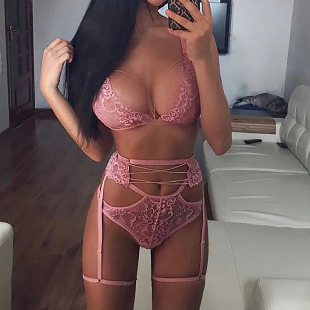 

Sexy Exquisite Mesh Lingerie Bra+garter+briefs Set Babydoll Cut-out Sleepwear Woman Sexy Set Bra Erotic Underwear Sexy Set