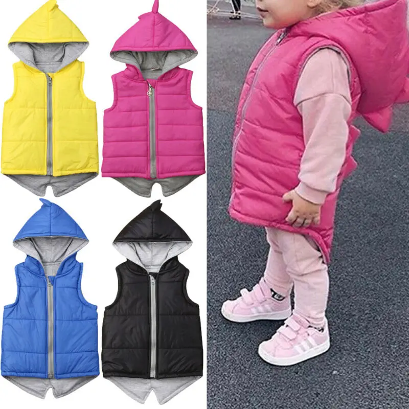 New Winter Autumn Kids Baby Girl Boy Dinosaur Hooded Sleeveless Jacket Waistcoat Coat Outwear Costume