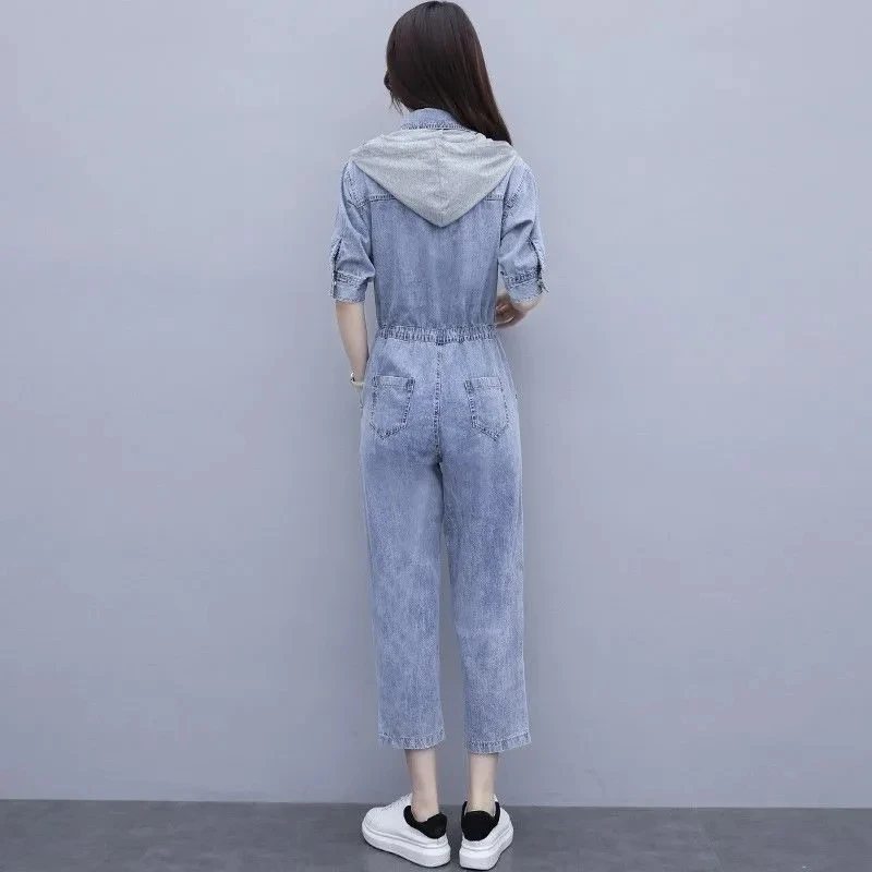 Women Sets Mid-Sleeve Denim Jumpsuit Buttons Women Summer 2024 New One Piece Suit Femme Lace Up Playsuit Female Pocket Pants Set