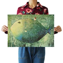 Большая рыба маленький дом абстрактный Ретро Английский крафтбумажный фотоплакат в спальню Бар Кафе Крытый декоративный стикер