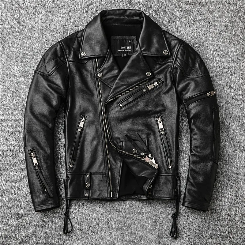 Comprar 2019 chaqueta de cuero de motocicleta americana para hombre negro talla grande XXXXL piel de vaca genuina otoño Slim Fit chaqueta de motorista envío gratis