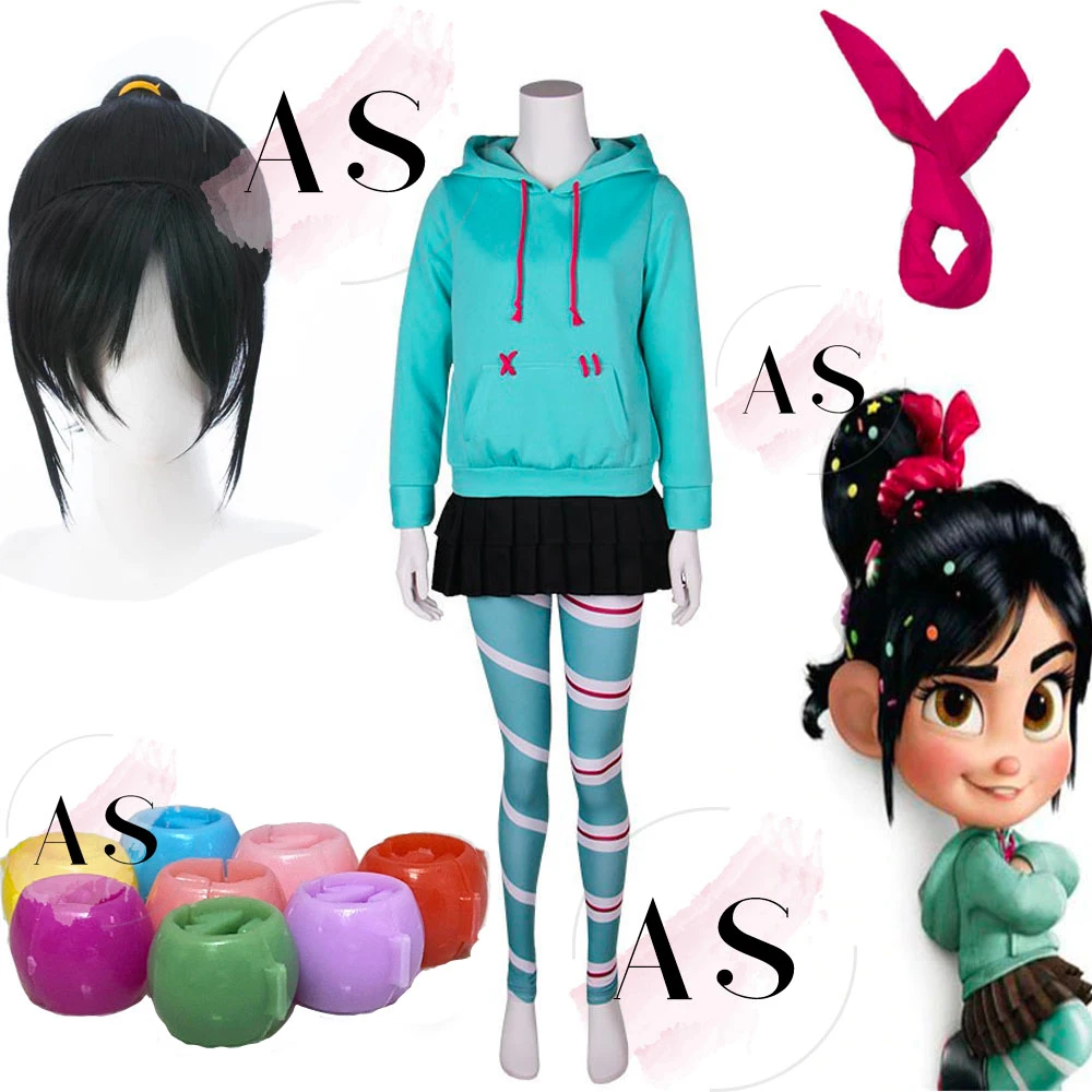 

Wreck-It Ralph Cosplay costume Vanellope von Schweetz game anime hoodies wig skirt pantyhose hairband for kids girl women