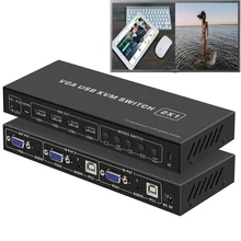 Usb vga kvm switch 2x1 2 portas de áudio e vídeo vga multi-visualizador kvm função switcher caixa multiviewer com controle remoto