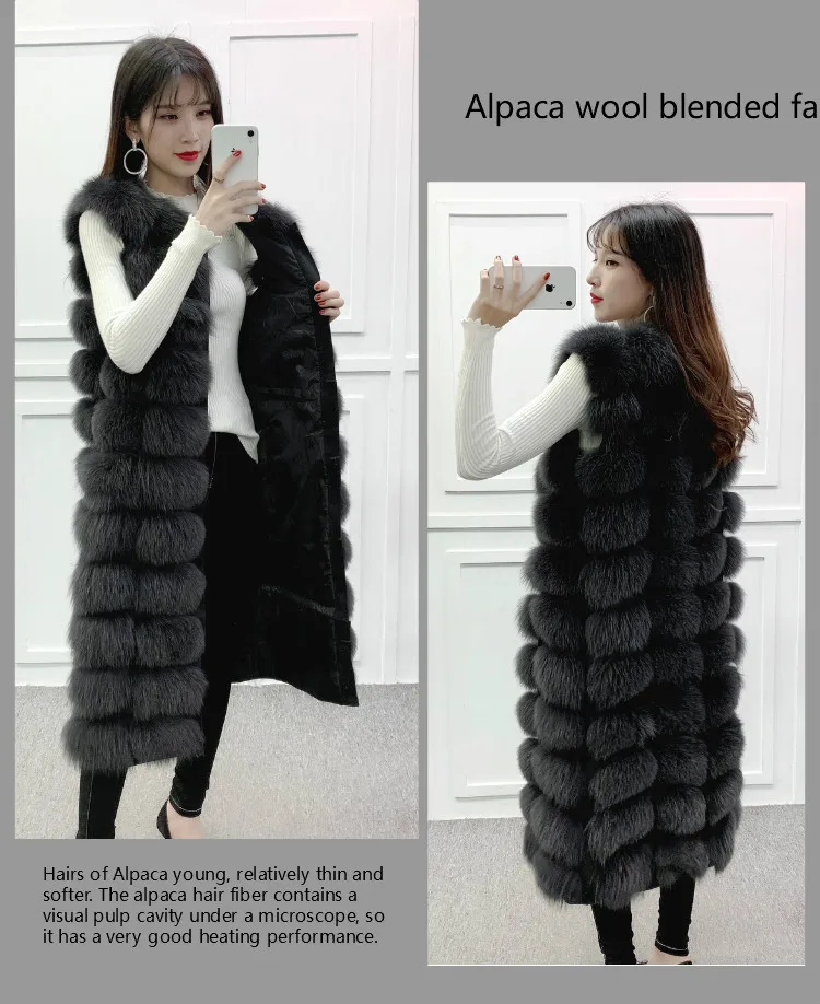 Уникальный дизайн X-Long жилет из натурального меха лисы полный ремень женский длинный тонкий натуральный мех пальто с карманами молния спереди 90 см/110 см