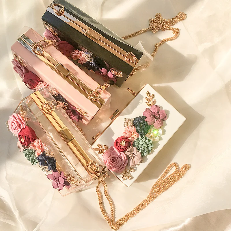 

Women Acrylic Flower Clutches Evening Bags Crossbody Purse with Chain Strap for Wedding Banquet K-BEST