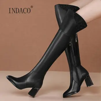 

Fashion Black Thigh High Boots Women Over The Knee Boots Pointed Toe High Heels Warm Winter Boots Women Botines Mujer