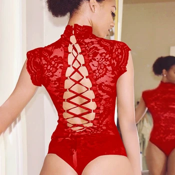 

China Red Mesh Lace Bodysuit Women Sexy Backless Lace Up Sleeveless Romper Party Club Ruffles Black White Slim Bodysuit Playsuit