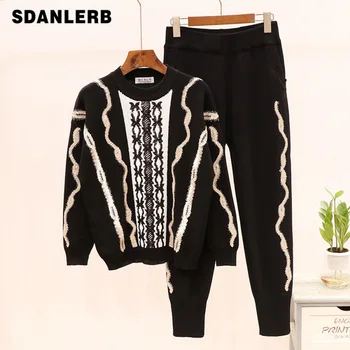 

New Autumn Women Sets Clothes New Sequin Embroidery Slim Long Sleeve Sweater + Pants Two-piece Suit Girl Students Pants Set