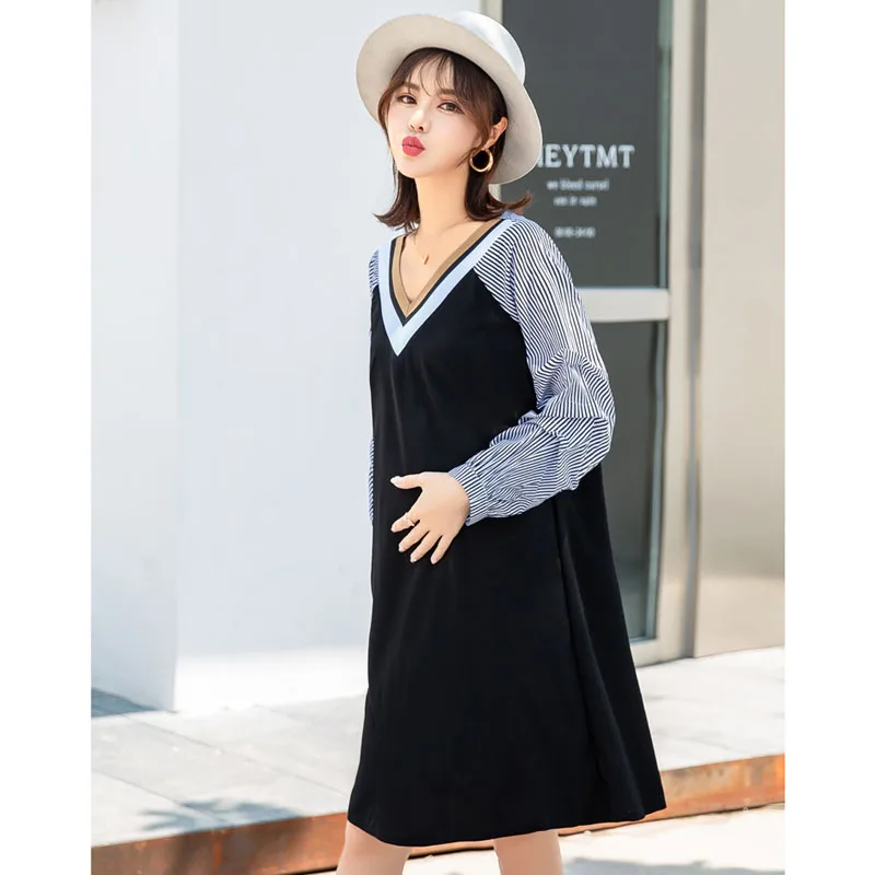 

Autumn Maternity Dresses For Pregnant Women Clothes Casual Stitch Long Sleeve V neck Pregnancy Dress Vestidos Maternity Clothing