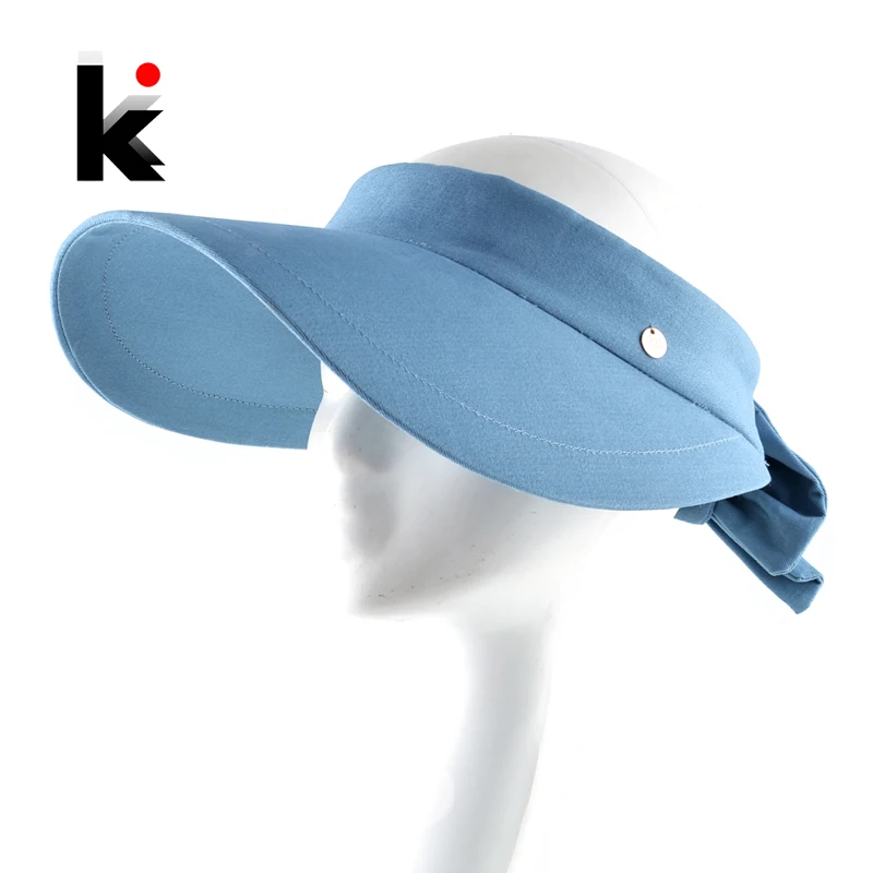 

Solid Color Sun Hats Ladies Anti-UV Empty Top Visor Caps Women Wide Brim Beach Bow-knot Hat Female Breathable Casual Sun Caps